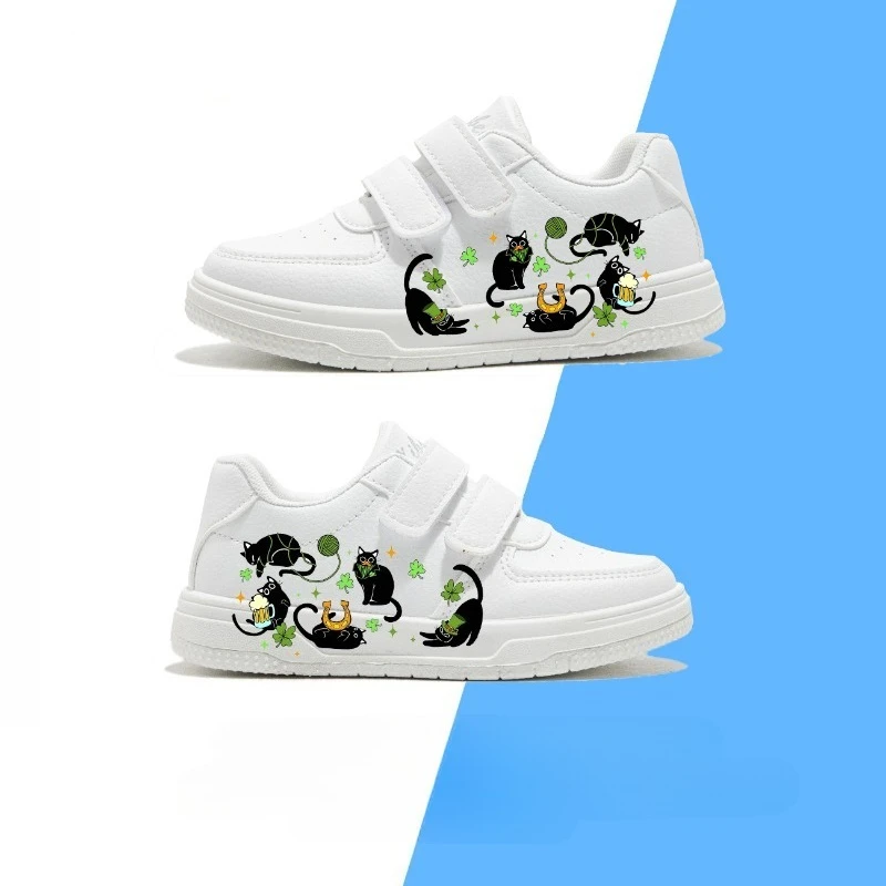 Kids Casual Shoes for Boys Girls Cartoon Cats Printed Fashion Children Back To School White Skate Sneakers Gift Comfortable Soft