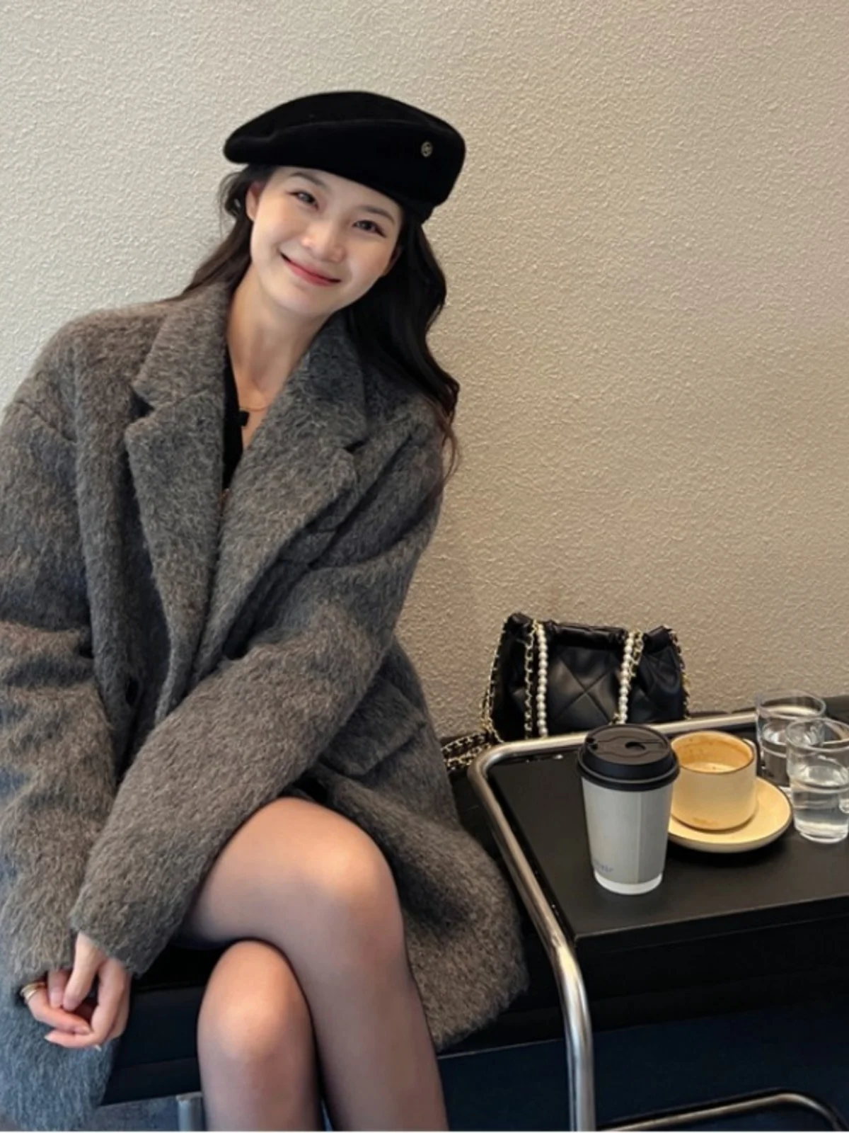 Coat Blended Material Women's SolidColor AutumnWinter Thickened Warm Mid-Length High-Grade Gray Wool Woolen Suit Double-Breasted