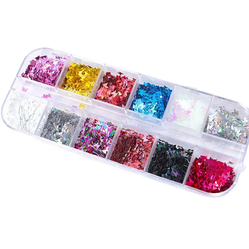Butterfly Sequins 12-Compartment Boxed Nail Art Accessories Laser-Cut Silver Mini Butterflies Small Decorative Embellishments