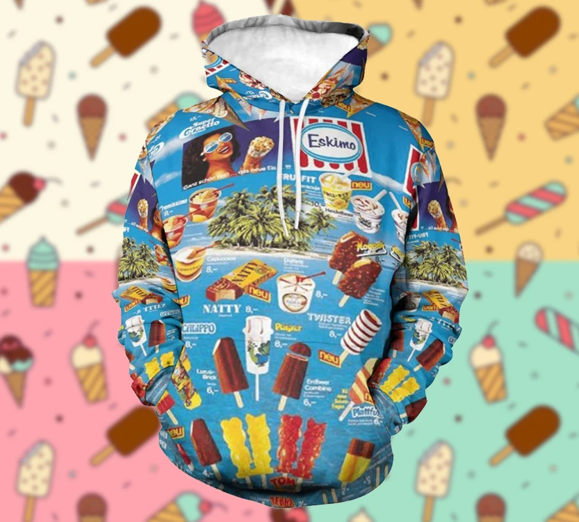 Sudadera con capucha Harajuku para hombre, sudadera con estampado gráfico 3D de helado, sudaderas informales de gran tamaño, jerséis de calle