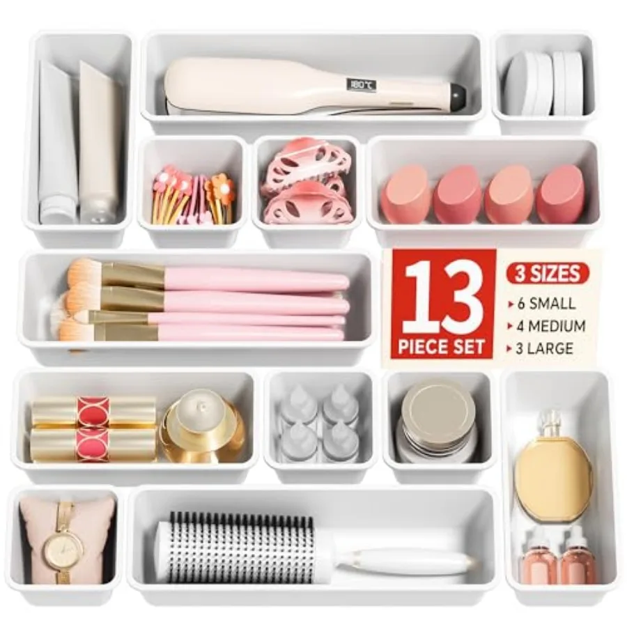 

13 Pack Plastic Drawer Organizers Set, 3 Sizes Desk Drawer Organizer Trays for Vanity and Makeup Organizer, Organization and St