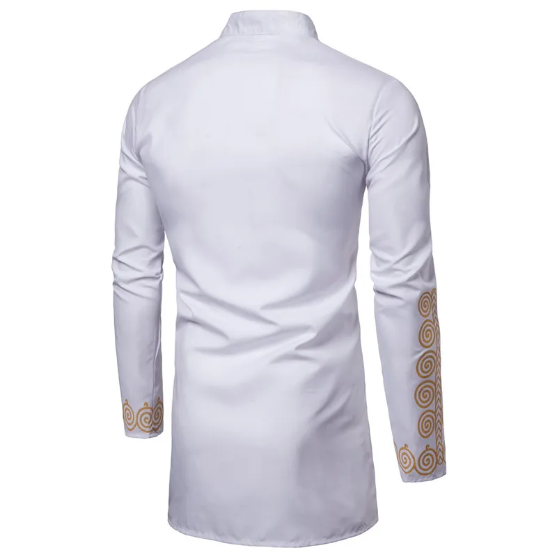 Mid Length Men\'s Shirt Muslim Men\'s Clothing Gilded Printed Standing Collar White Shirt