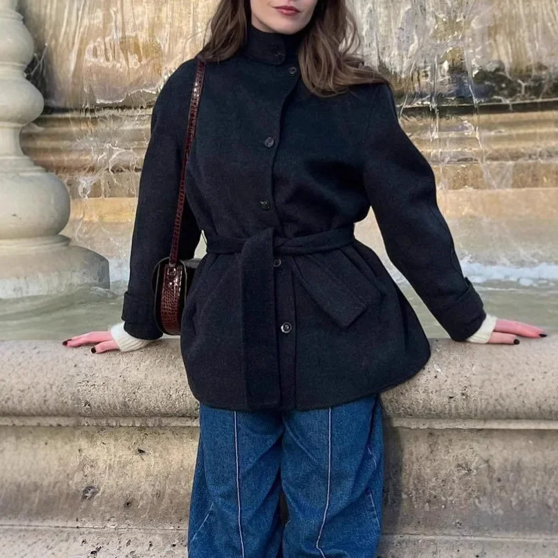 

Womens Belted Wool Coat Half Turtle Collar Winter Jacket Outerwear Solid Color Vestes Femmes New Season Warm