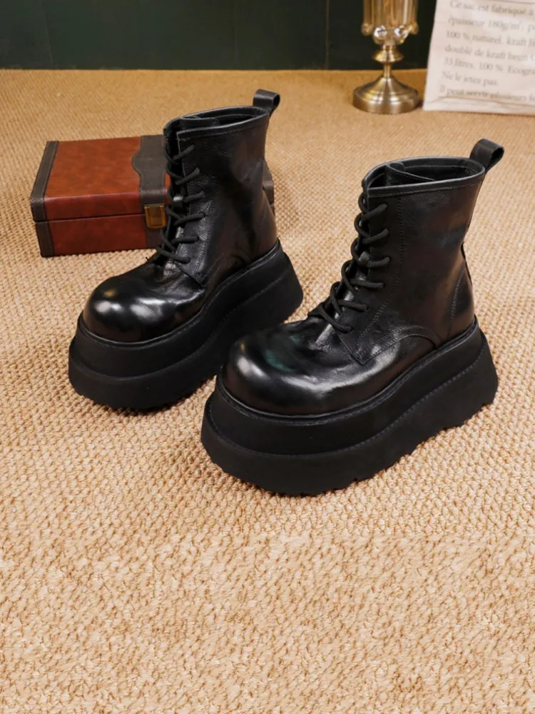 Fashion Versatile Women Elegant Handmade Cowhide Genuine Leather Comfortable High Heel Thick Platform Female Lace Up Ankle Boot