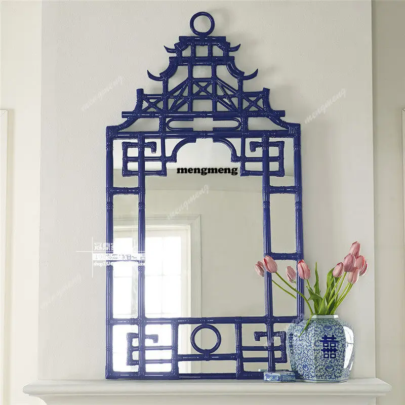

European classical exquisite blue carved bathroom bathroom round mirror makeup mirror wall decorative mirror