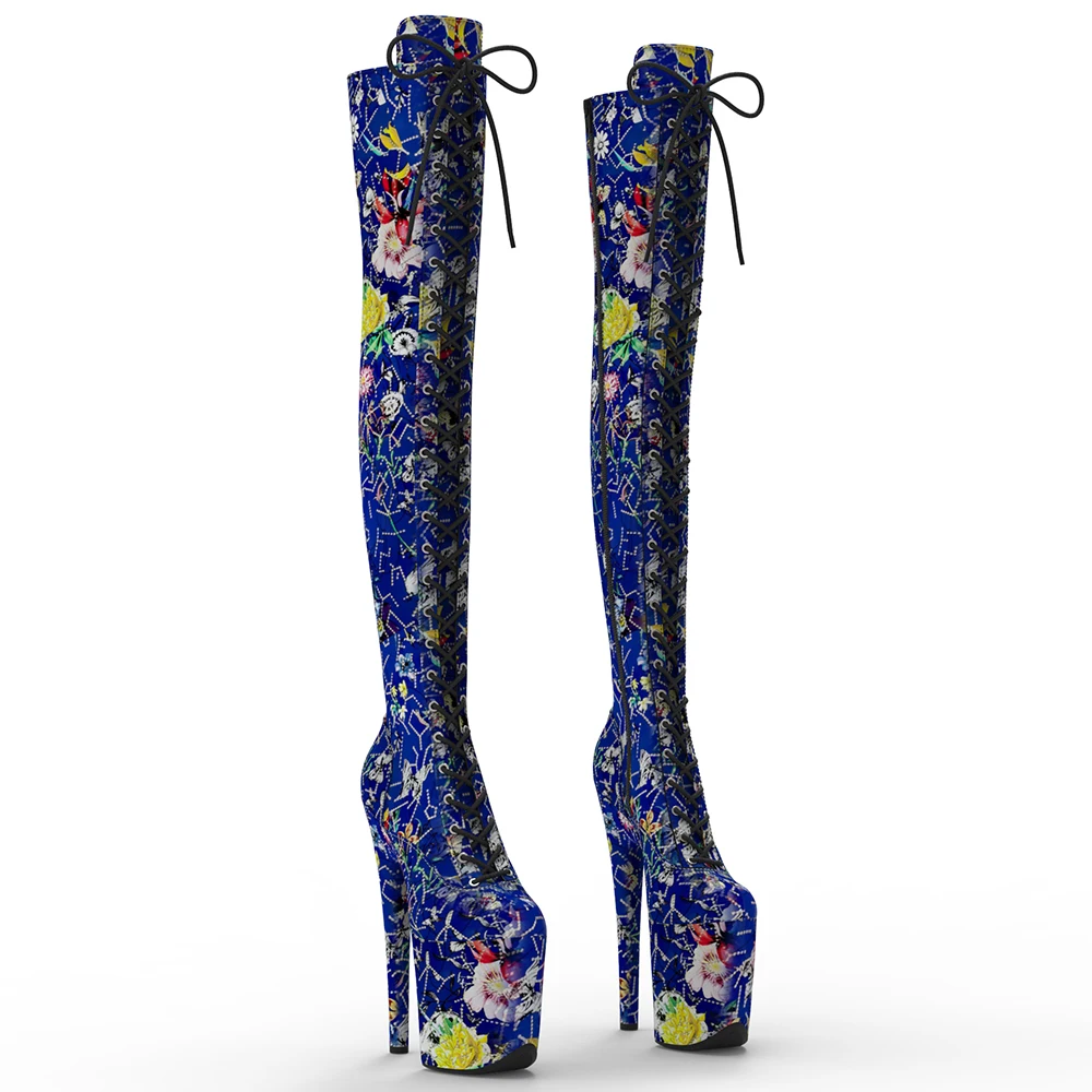 Leecabe 20cm/8inches Sexy Trend Fashion Exotic Flower Pattern Women High Heel Platform Thigh High Boots Pole Dancing Boots