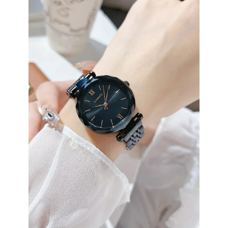 ساعة SUNMATE الفاخرة بحجر الراين، حركة كوارتز مستوردة، ساعة يد نسائية أنيقة وكاجوال مقاومة للماء، تتضمن صندوق ساعة مجاني