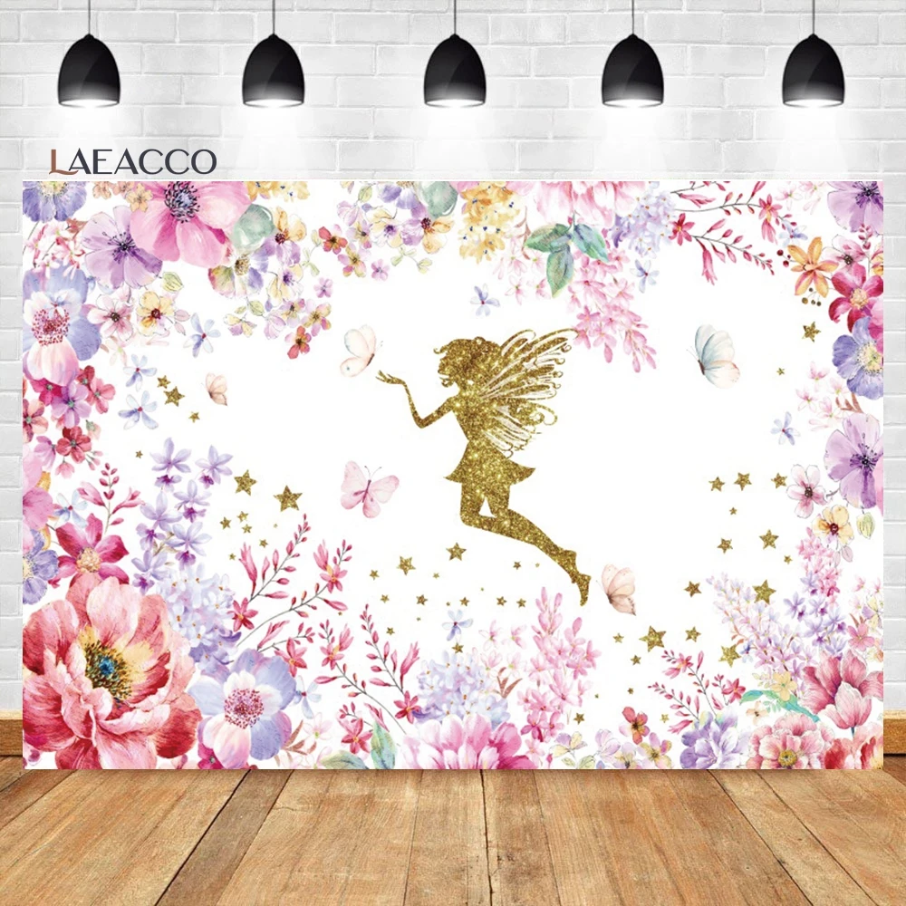 Laeacco Pink Fairy Tale Garden Elf Backdrop Watercolor Flower Butterfly Girl Birthday Portrait Customized Photography Background