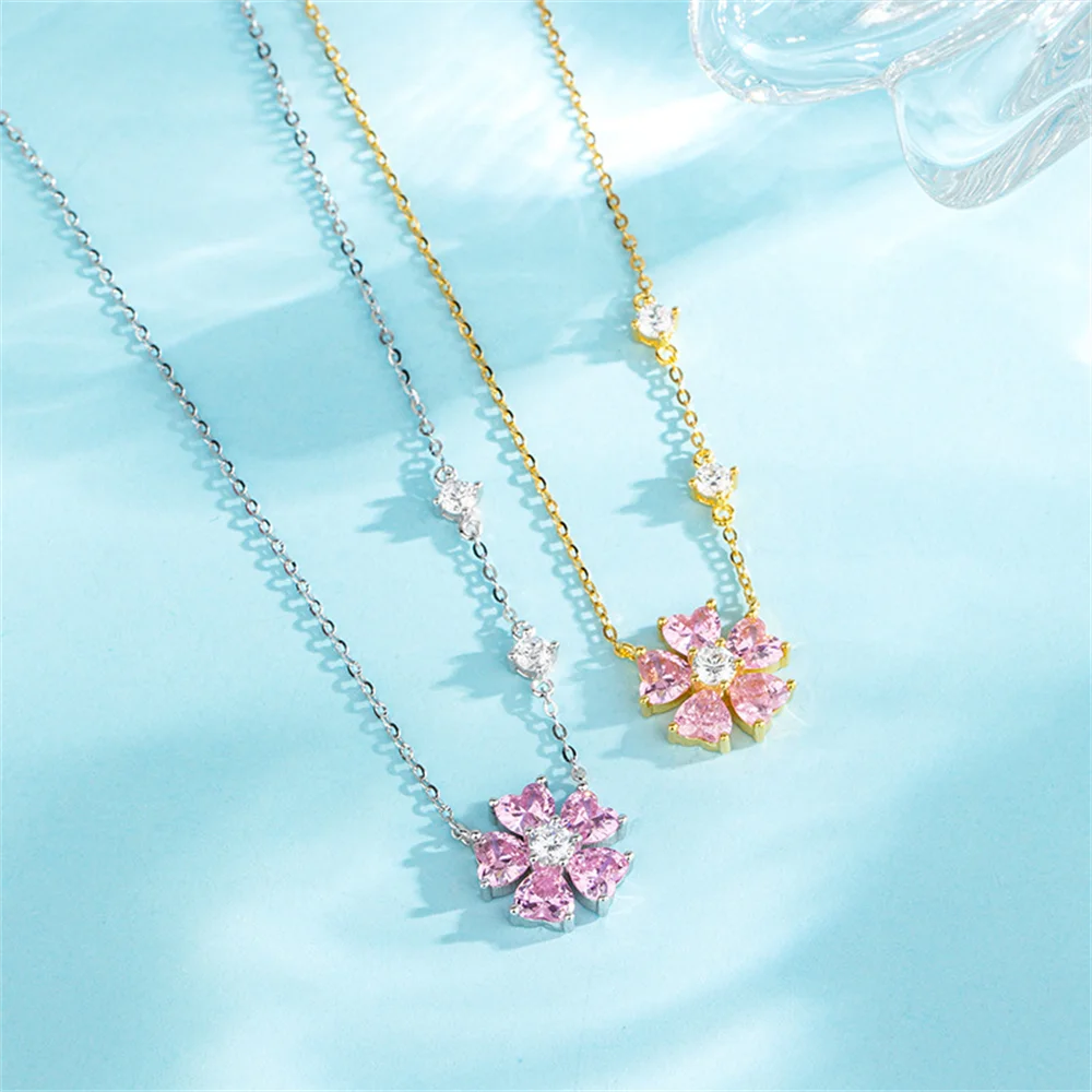 

Korean S925 Necklace - Pink Zircon Flower, Girly Luxury, Lucky Women's Collar