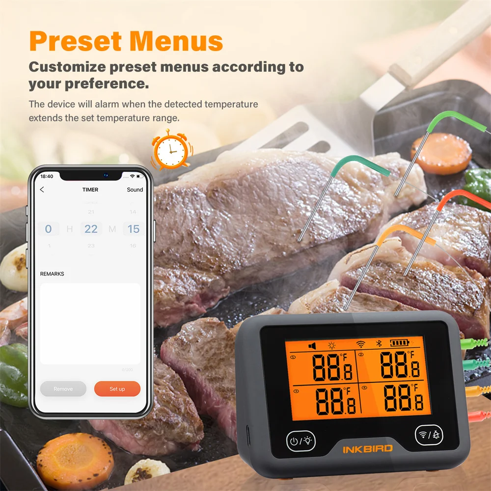 INKBIRD Digital Cooking bbq Grill Thermometer with 4 Probe IBBQ-4BW Wi-Fi&Bluetooth Thermometer for Smoker Oven Kitchen Free App