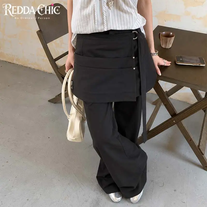 ReddaChic Removable Skirt Wrap Pants for Women Causal Black Loose Low Waist Pleat Baggy Suit Pants Trendy Alternative Clothes