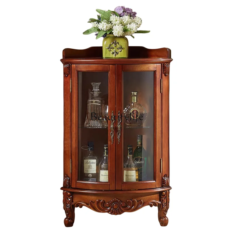 

American Style Solid Wood Corner Cabinet Vintage Triangular Glass Corner Cabinet for Home Use