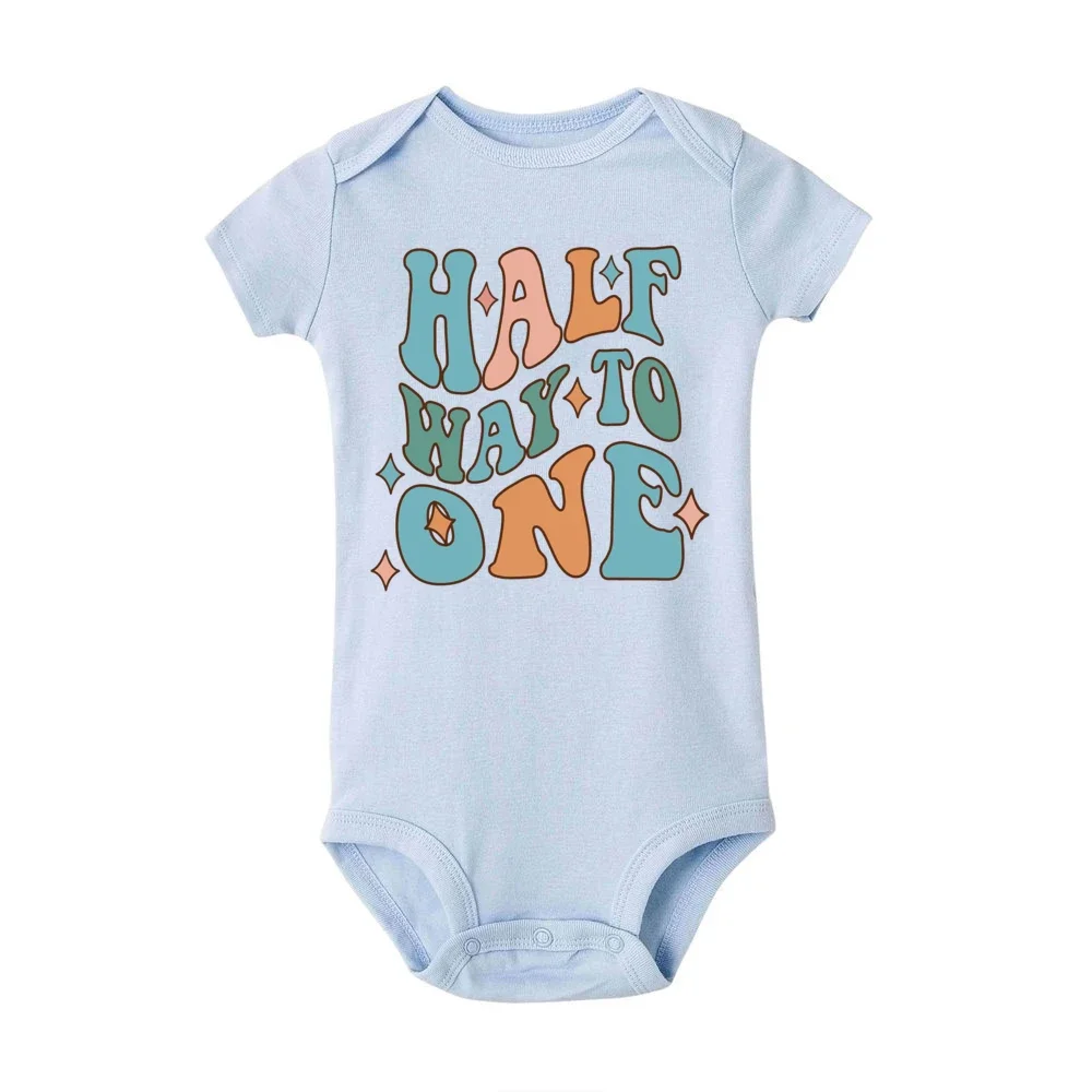 Pakaian Romper Motif kue ulang tahun 1/2, pakaian jumpsuit bayi baru lahir, baju pesta ulang tahun balita, pakaian Romper lengan pendek untuk anak laki-laki dan perempuan