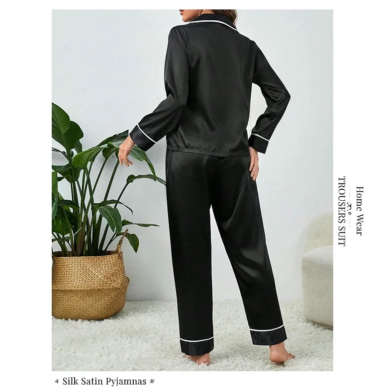Plus Size Pyjamas Damen Herbst und Winter Eisseide Langarm Zweiteiliges Set Loungewear Nachtwäsche Damen Einfarbige Nachtwäsche – Detail 9