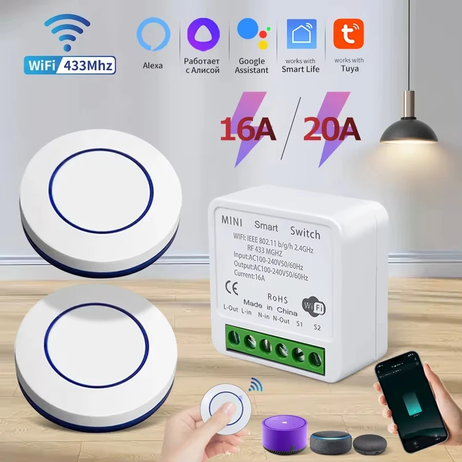 20A Tuya WiFi Smart Switch 16A RF 433Mhz Wireless Relay Receiver Mini Round Panel Switch Alexa Google Home Alice Voice Control