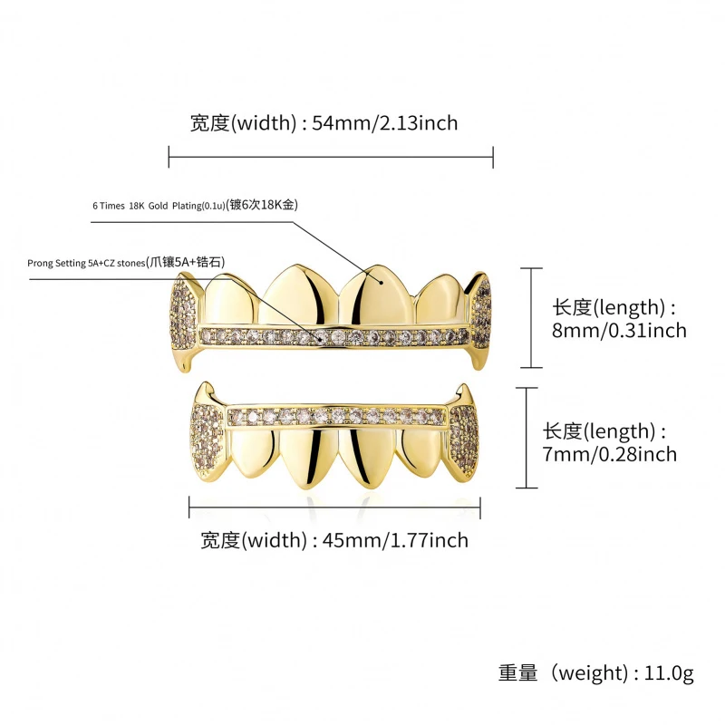 New Fashionable Hip-Hop Zircon Glossy Teeth Top And Bottom Shiny Ladies And Men'S Jewelry Role Play Jewelry Party Gifts Grillz