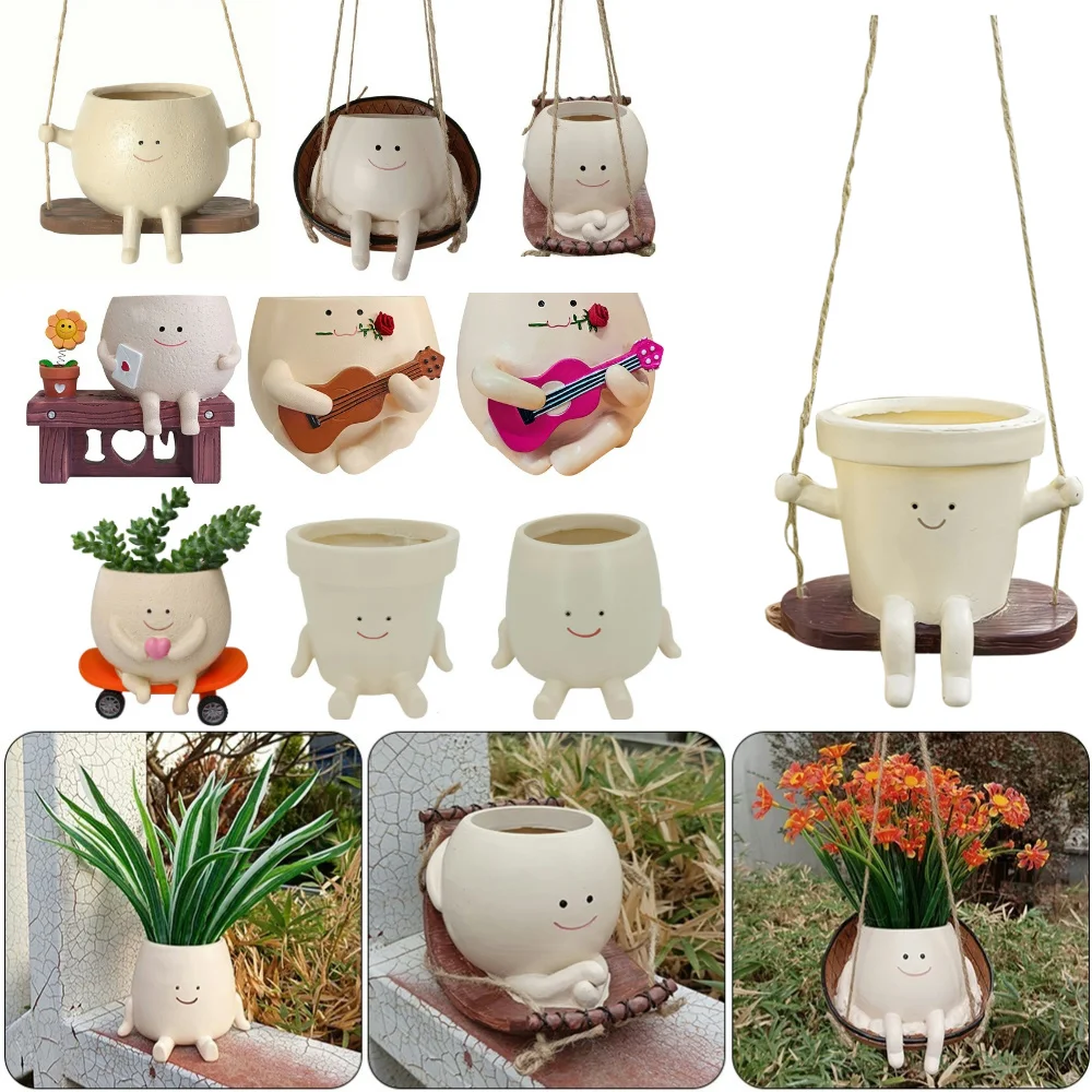 Creative Cute Planter Flower Pot Resin Wall Planter Swing Face Planter Mini Succulent Pots Home Garden Decoration Planter