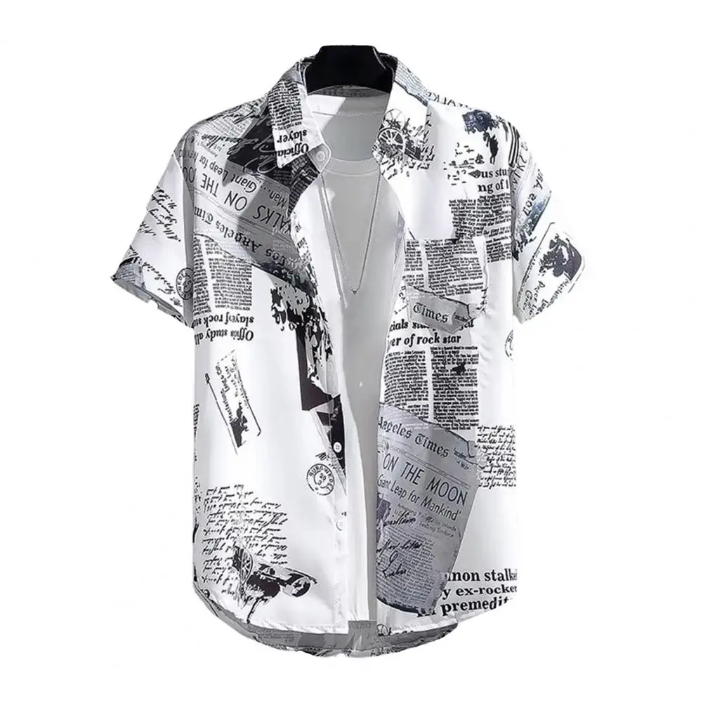 

Summer Men Shirt Letter Print Ice Silk Short Sleeves Loose Single-breasted Turn-down Collar Top camisa masculina