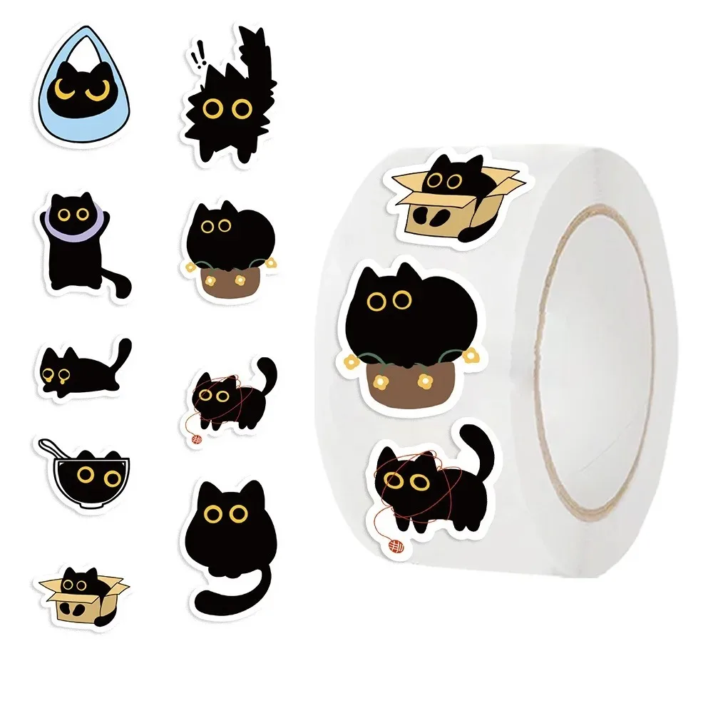 

500pcs Cartoon black cat Stickers Roll Waterproof Strong Adhesive Labels for Journal Scrapbooking Envelope Seal Kids Gift