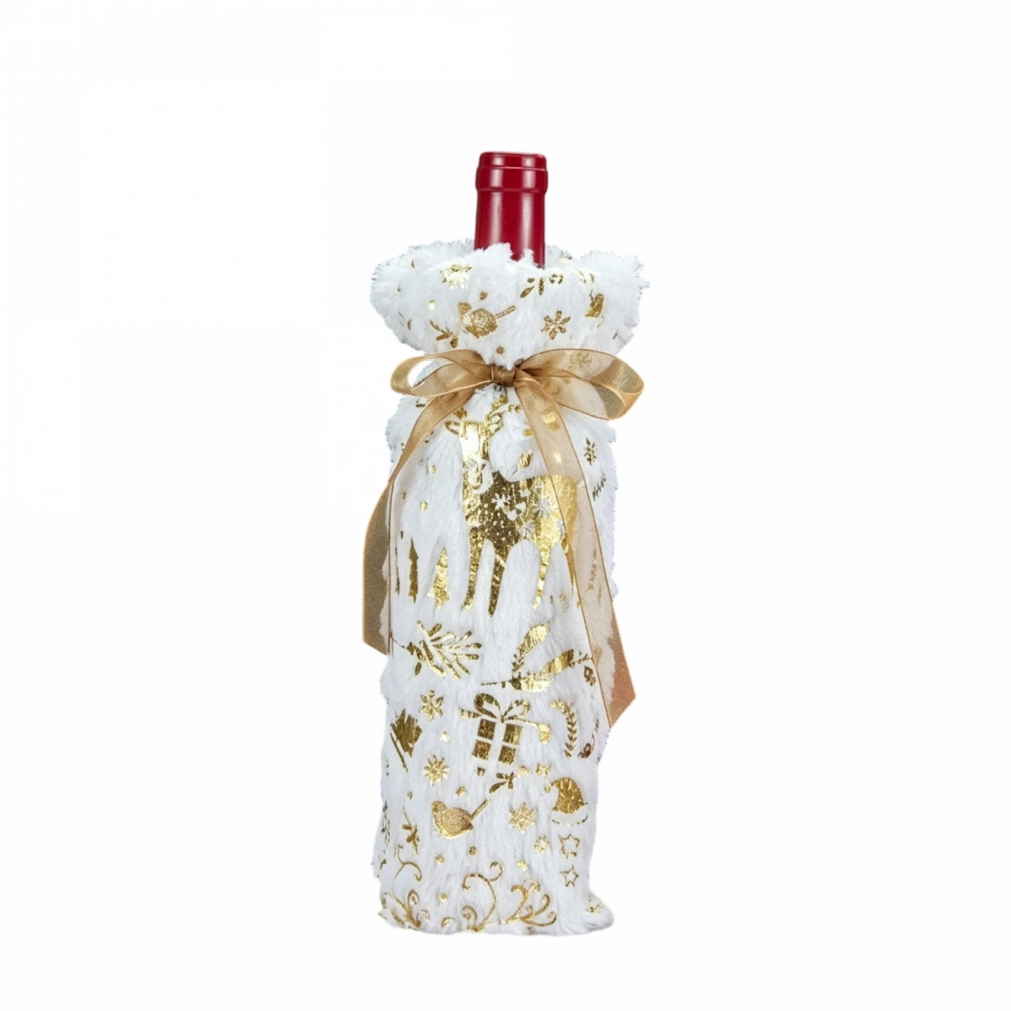 Christmas Wine Bottle Cover Gold Snowflake Print Plush Bottle Bag for Party