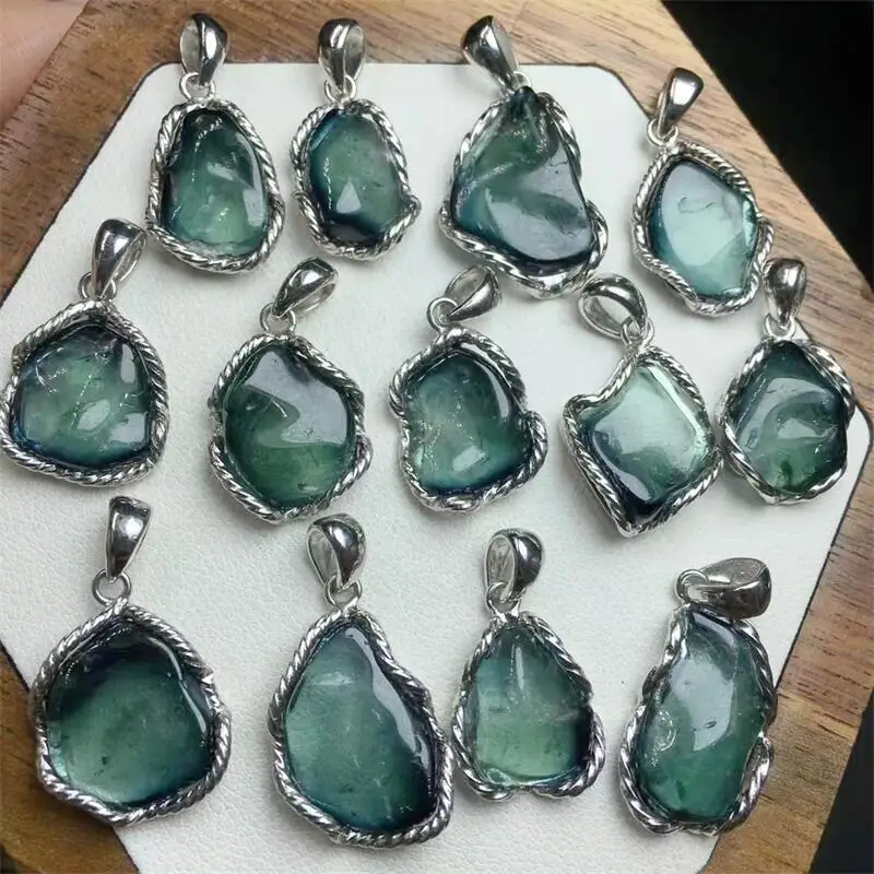 S925 Natural Blue Tourmaline Pendant Polishing Mature Charm Healing Reiki Jewelry Birthday Present 1PCS
