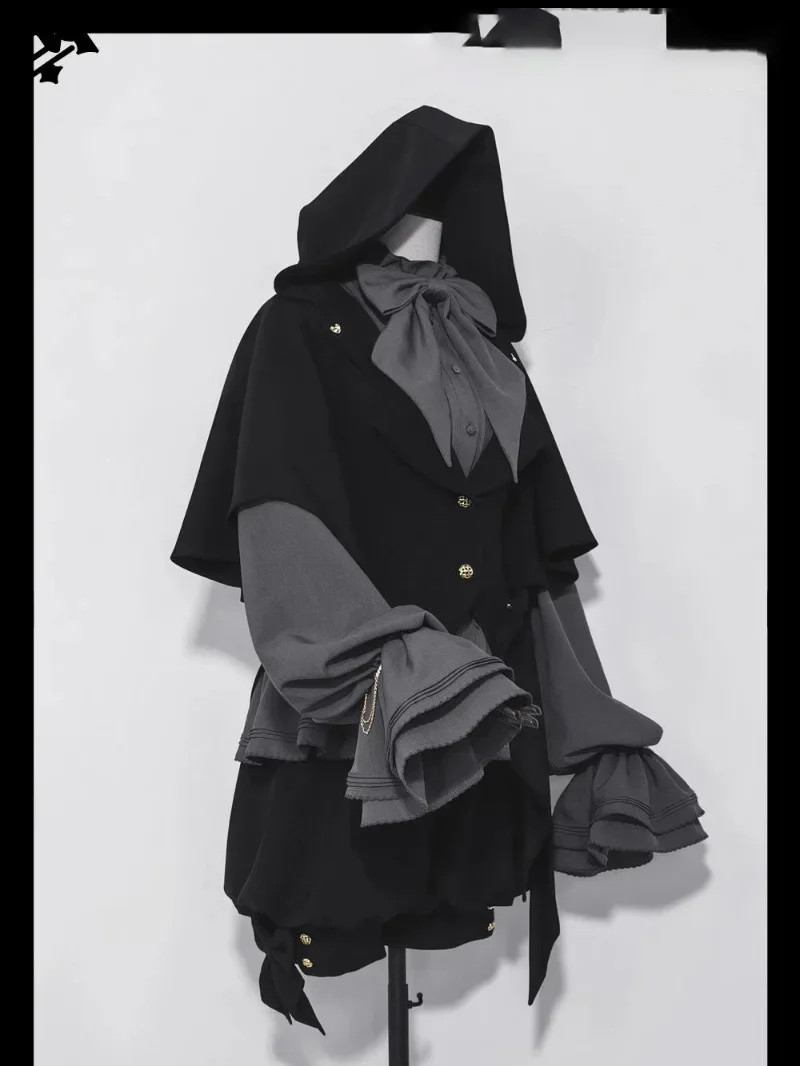 여성용 하라주쿠 Y2K 빈티지 고딕 로리타 토끼 귀 후드 망토 코트 JK 리본 셔츠 반바지 세트 2026 신상 패션