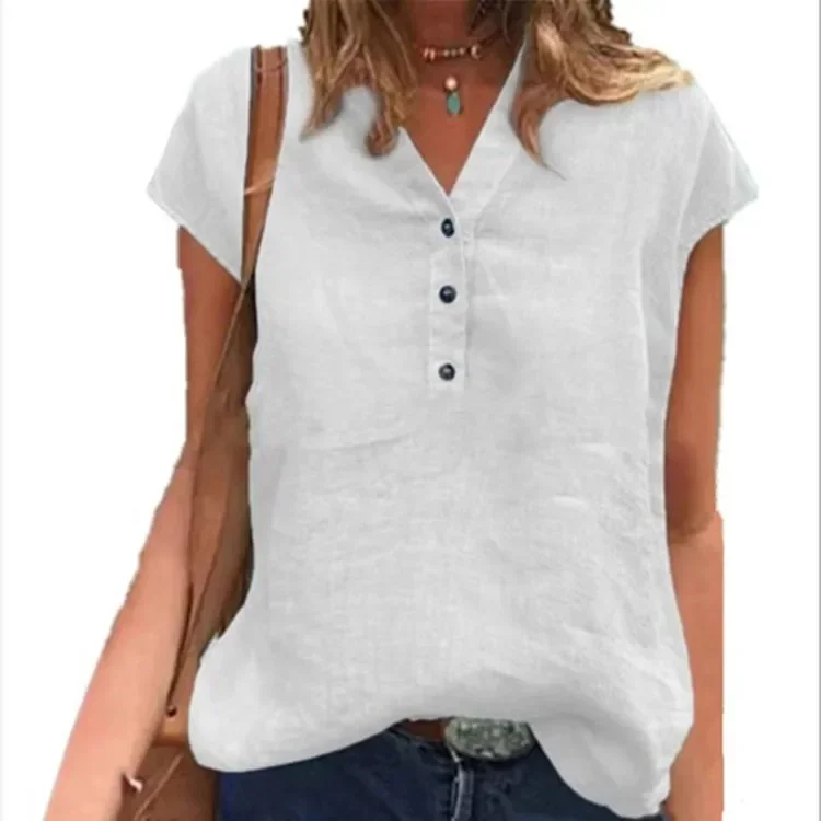 Women Cotton Linen Summer Blouse Solid Color Simple Short Sleeve V Neck Quick Dry Women T-shirt Daily Clothes Ropa Mujer Blusas