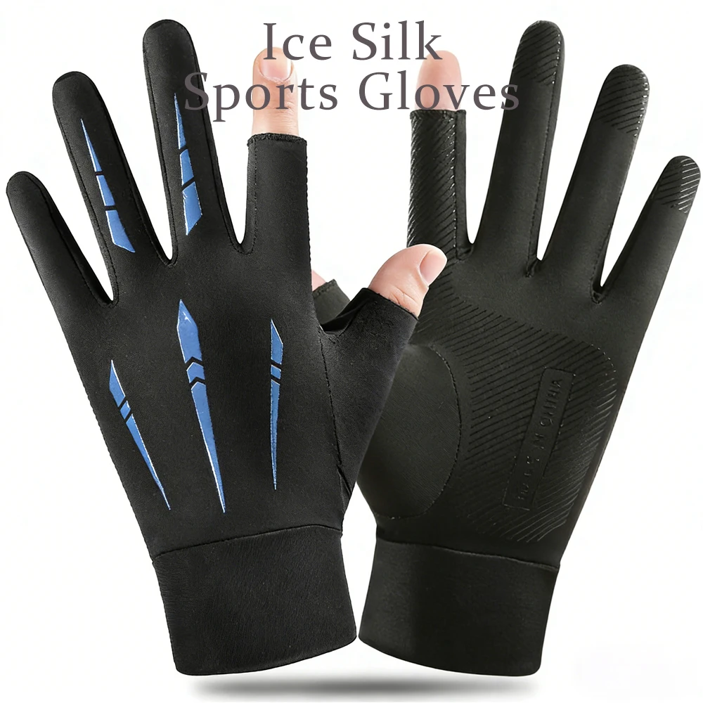 Herren 2-Finger-Angelhandschuhe, Eisseide, dünn, atmungsaktiv, Halbfinger, abriebfest, rutschfest, zum Fahren, Outdoor, Wandern, Sport