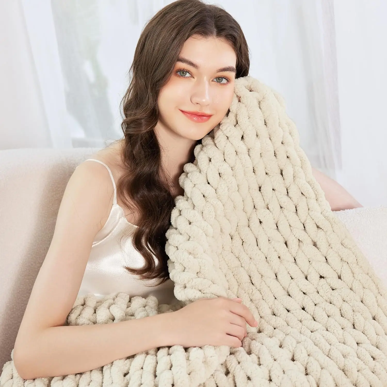 Chunky Knit Blanket Throw 51x63, Hand-Knit Chenille Sofa & Home Decor, Soft Cozy Ivory