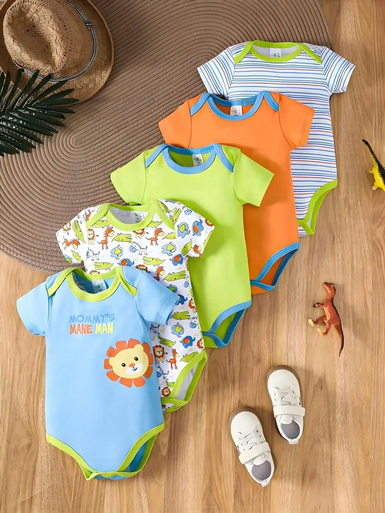 [5-piece set] Baby triangle onesie fun lion short-sleeved clothing climbing suit