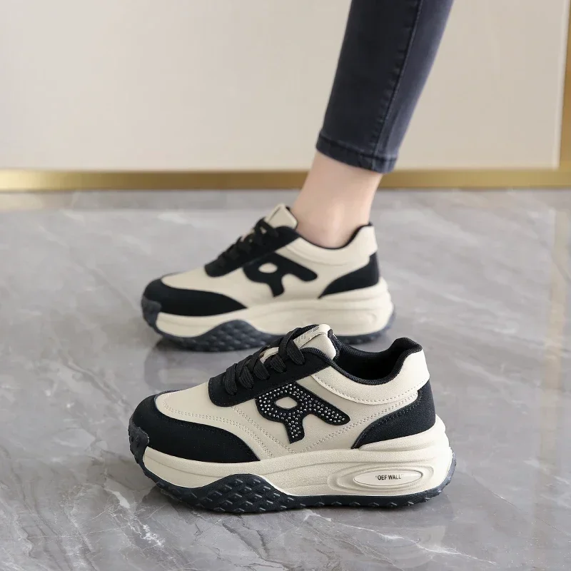 Ladies Fashionable Vulcanized Shoes Front Lacing Shallow Mouth Thick Sole Women's Sports Shoes Four Seasons Versatile Leisure