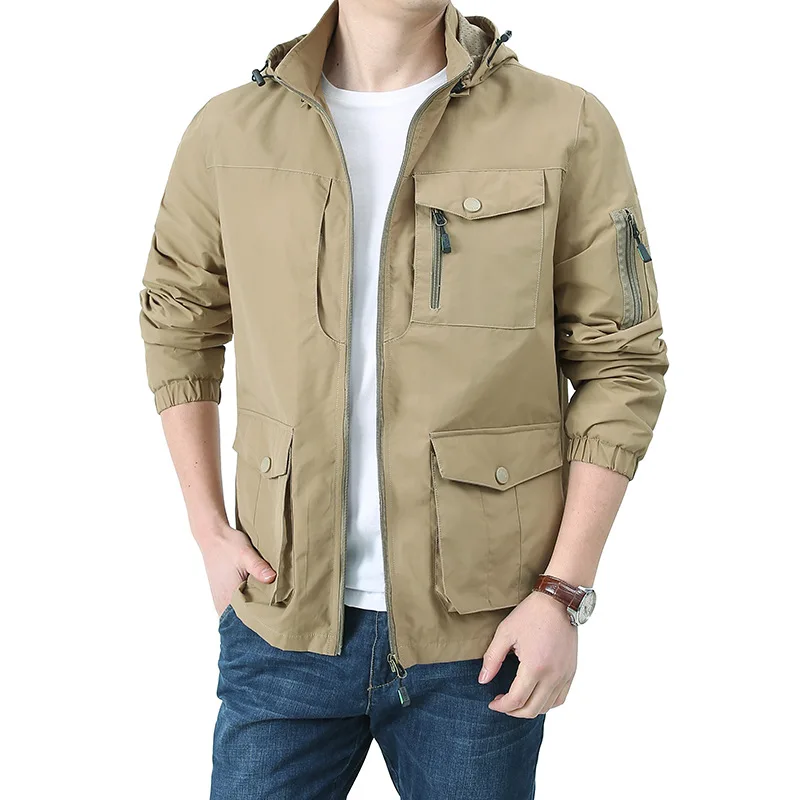 Men's Jackets Spring Autumn Men's Outdoors Jacket Casual Travels Windbreaker Coat Multi-pocket Hooded Jacket Outerwear Male 8XL