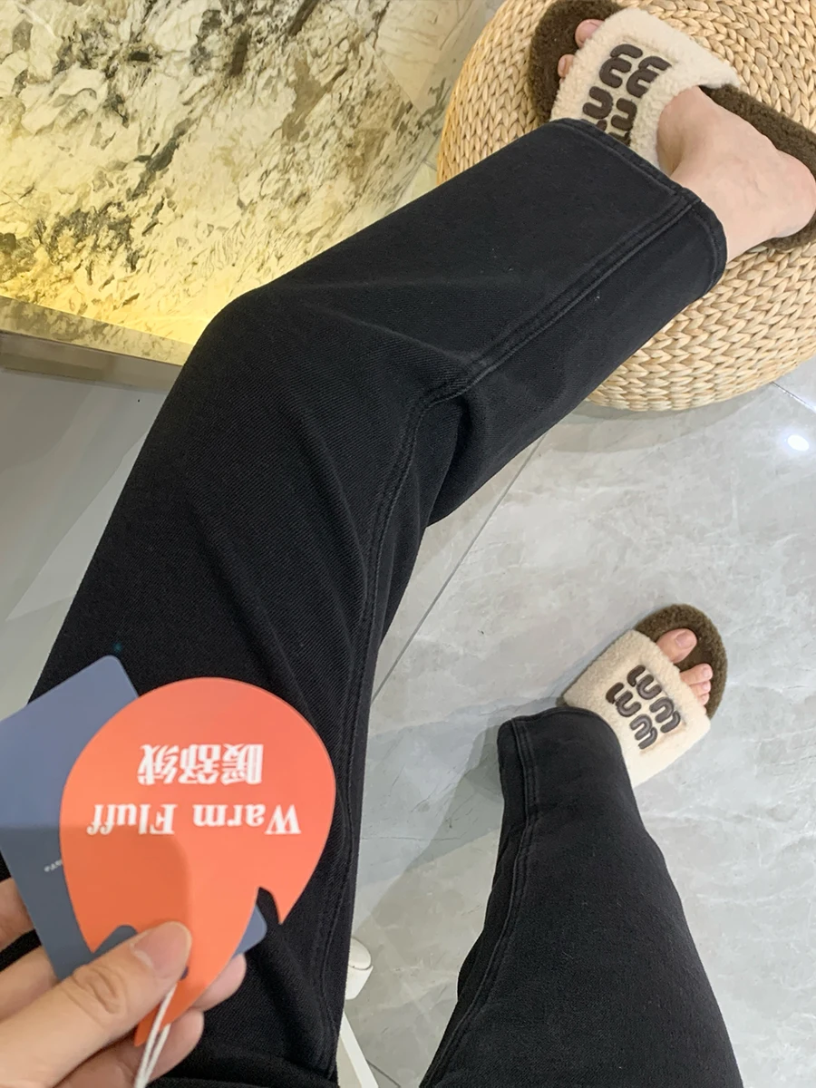 

Женские джинсы прямого кроя на флисовой подкладке, теплые, утягивающие, маленького размера, с высокой талией, из хлопкового стрейч-денима, зимние