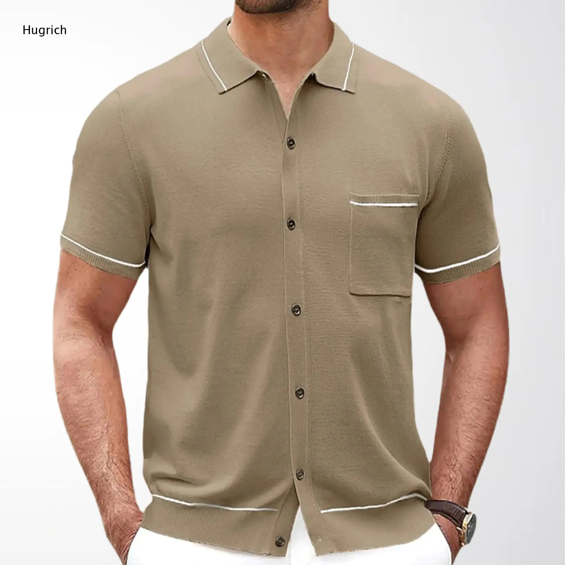 Lightweight Breathable Knitted Shirt, Notched Lapel White Tipping Trim Pocket Design Smart Casual Summer Vacation Top