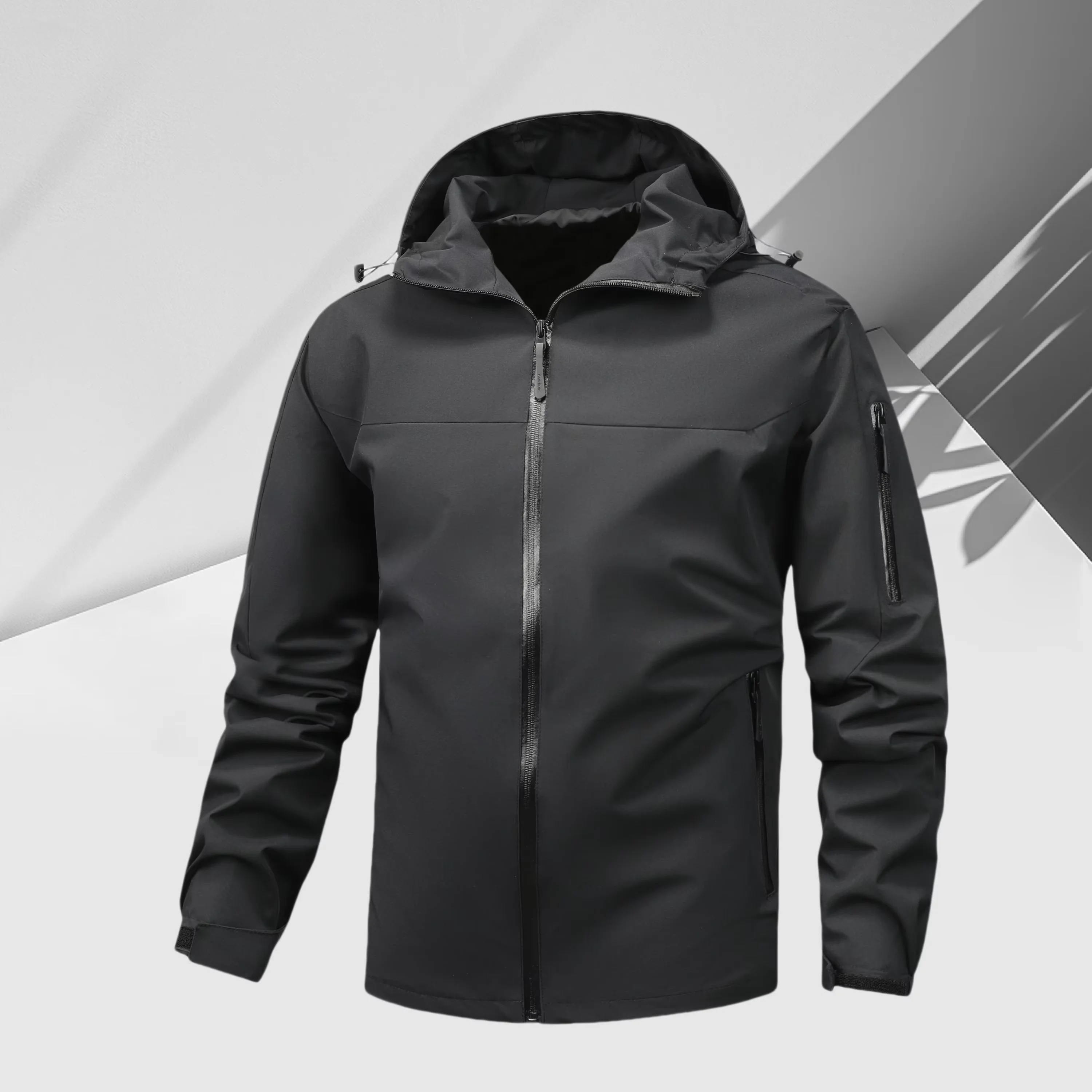 

Мужская легкая куртка стандартного кроя с капюшоном и цветными блоками, ветрозащитная и непромокаемая дизайнерская куртка, с регулируемыми манжетами на липучке и молнией.