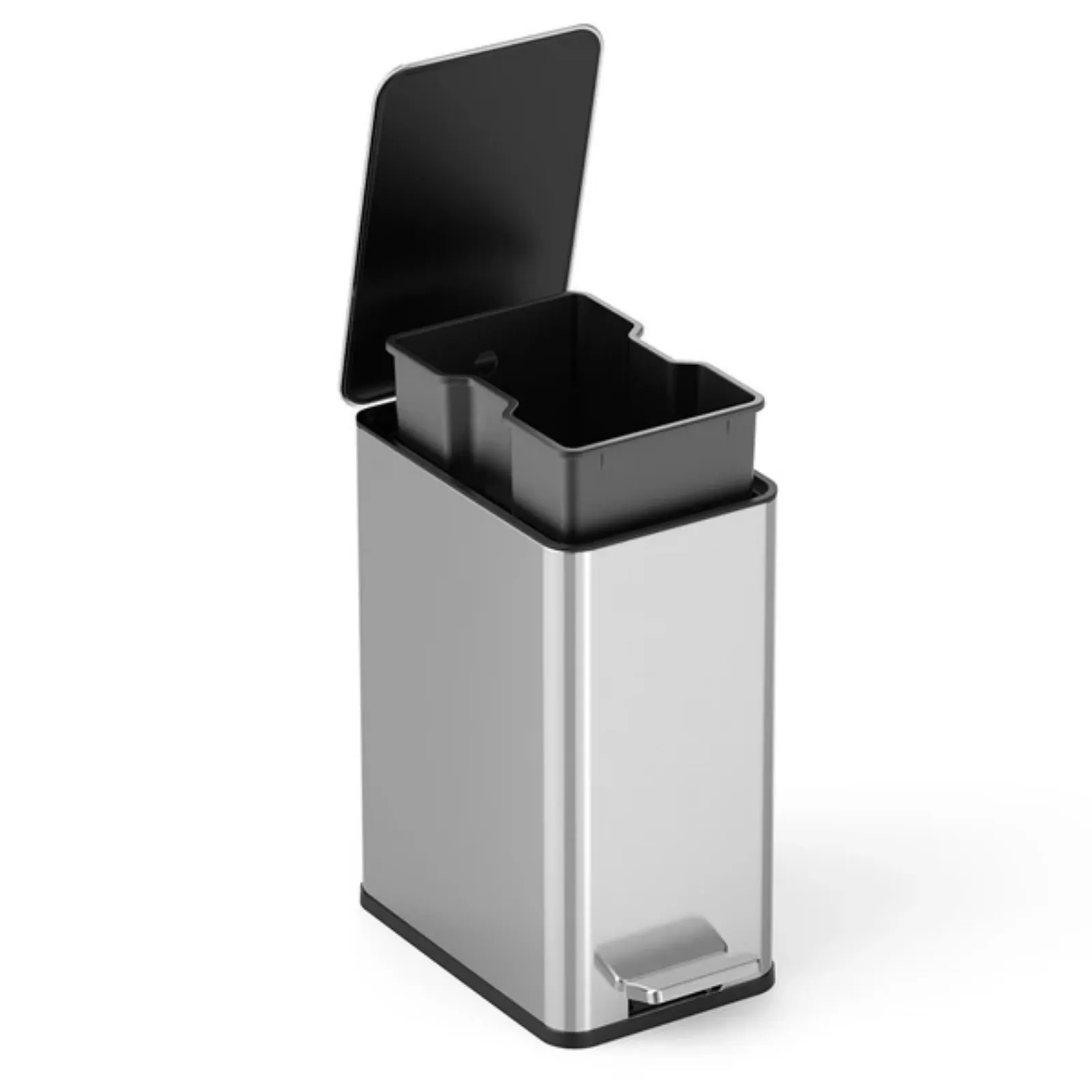 10L -50LStainless Steel Step Trash Can with Dual Compartment, Hands-Free Pedal Garbage Bin, Slow Close Lid Waste Container with Removable Inner Bucket for Kitchen Bathroom Home Office Indoor Use
