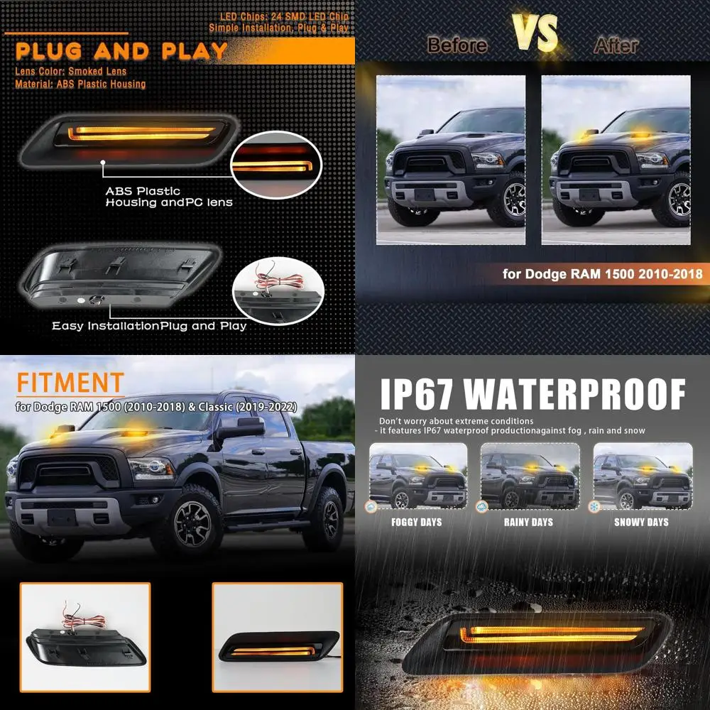 

Upgraded Sequential Turn Signal LED Hood Vent Lights Kit for 2010-2018 Dodge RAM 1500 & 2019-2022 Classic, Smoked Side Marker Li