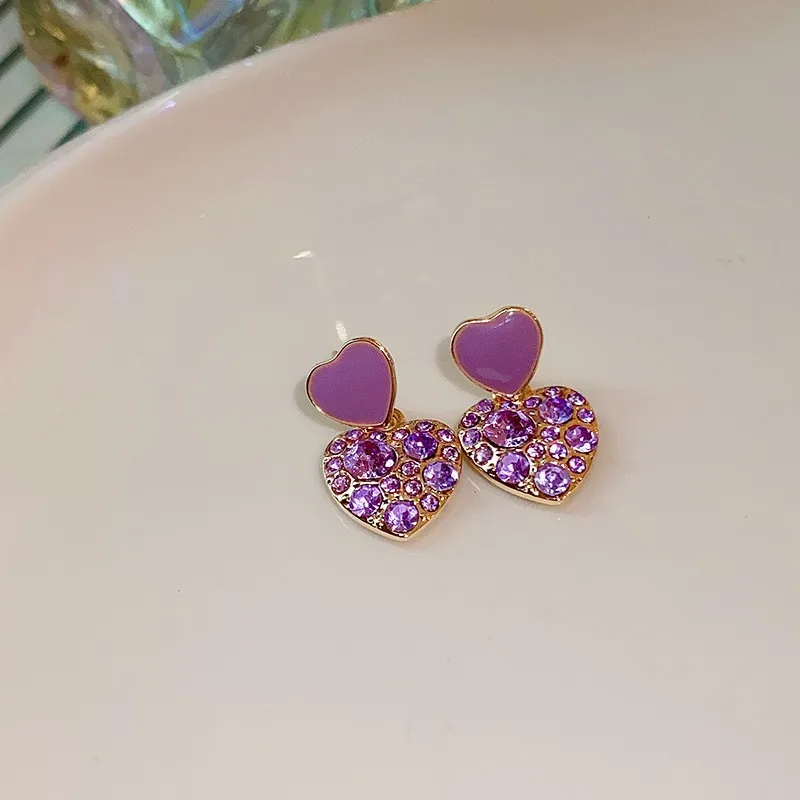 Cute Sweet Love Heart Drop Earrings for Women Purple Crystal Rhinestones Enamel Oil Dangle Earrings New Fashion Jewelry Gift