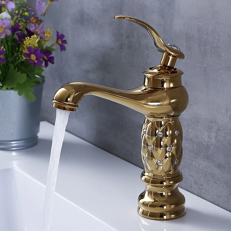 Washbasin Faucet Gold Crystal Faucet Classic Brass Diamond Faucet Single Handle Hot and Cold Water Faucet Bathroom Basin Faucet