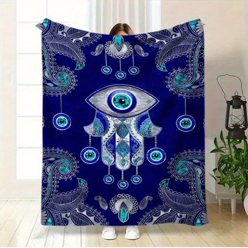 Hamsa Hand Evil Eye Print Flannel Throw Blanket Soft Anti-Pearl for Home Sofa Bed Office Travel