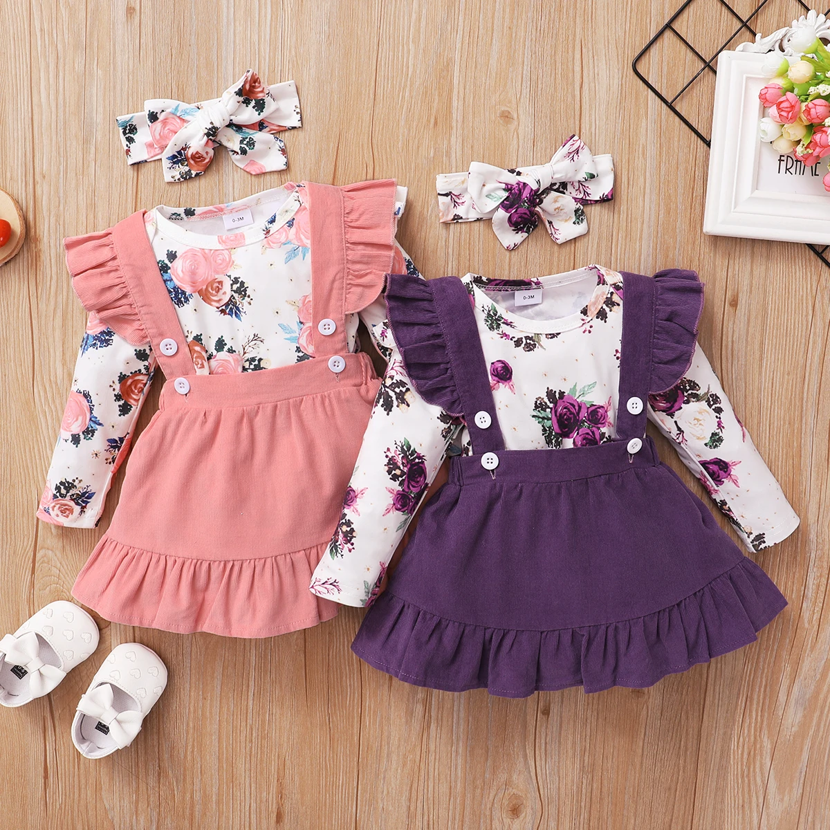 0-18 Months Newborn Baby Girl Clothes Set Floral Print Long Sleeve Romper Top + Suspender Skirt + Headband Cute 3PCS Outfit