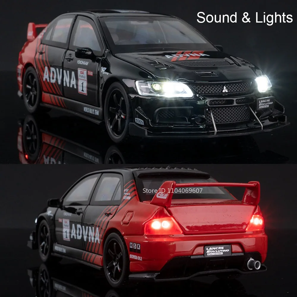 1:32 Mitsubishi EVO GTR34 Supercar Model Toys Alloy Diecast Sound Light Pull Back Doors Opened Miniature Sports Cars Kids Gifts