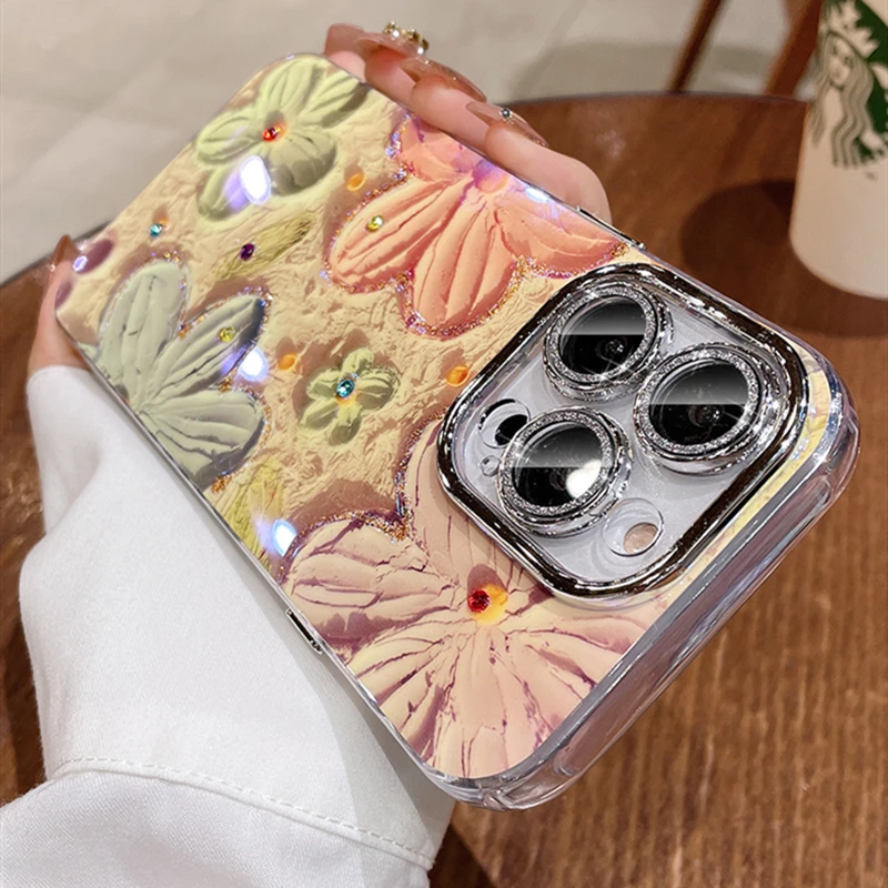 Luxury Fashion Flowers Glitter Laser Phone Case For iPhone 11 12 13 14 15 16 Pro Max Diamond Shockproof Lens protection Cover