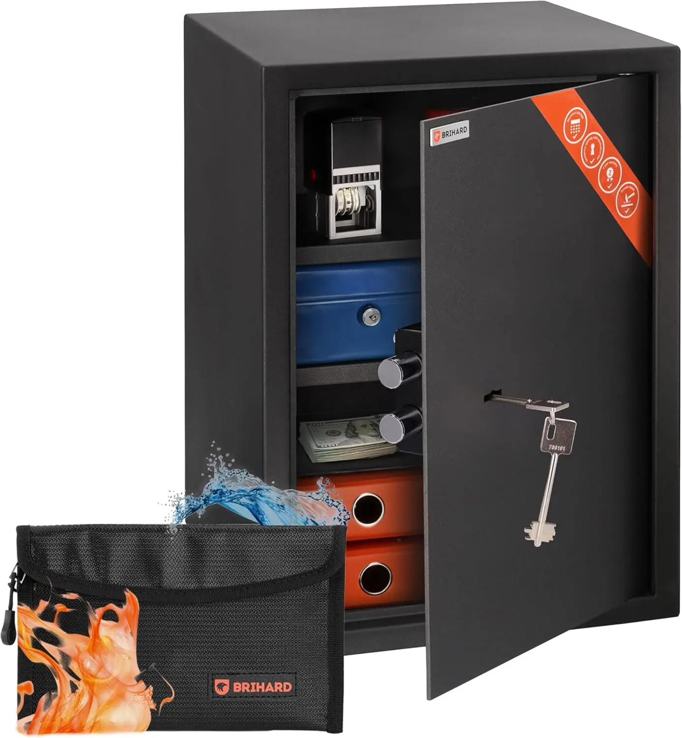 

Бизнес- сейф с ключом XL, 19,69 дюйма В x 13,78 дюйма Ш x 14,17 дюйма D, с огнестойкой сумкой, большой офисный сейф, 2,12 кубических футов для документов формата А4 с