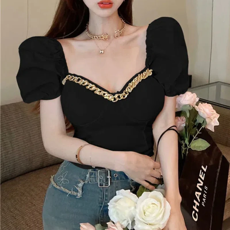 Fashion Commute Spring New Women\'s slash neck Solid Color Chains Splicing Shirt puff sleeve Slim Off Shoulder Short T-shirt Tops