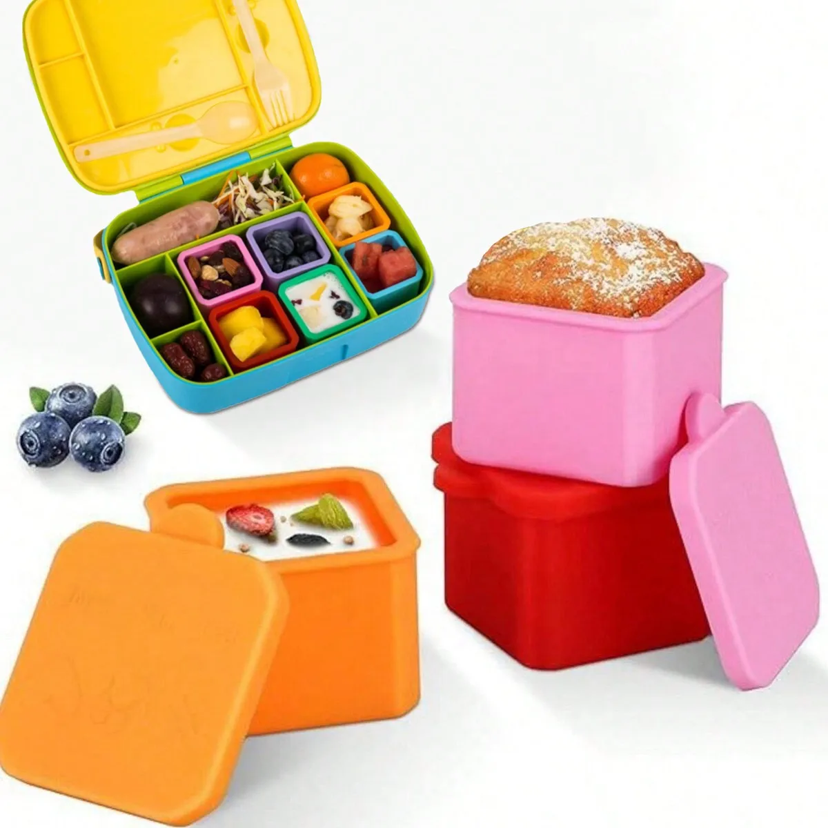 1PC random color lunch box with salad dressing container, reusable silicone baking cup with lid