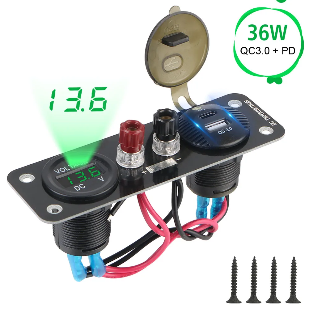 For Car Boat Marine Motorcycle Scooter 12V QC 3.0 & PD Usb Car Charger Voltmeter Terminal Connector 36W Power Adapter Outlet