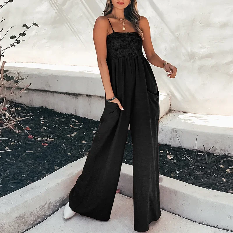 Jumpsuit Wanita Model Pullover Romper Pinggang Tinggi Tanpa Punggung Model Bungkus Dada Kasual Berkantong Celana Kaki Lebar Model Sambung Satu Potong
