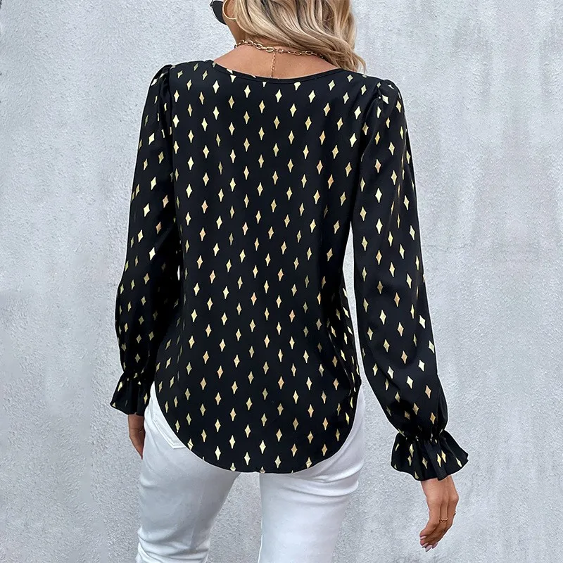 Camicia a maniche lunghe da donna Casual elegante nera stampa a caldo Versatile moda manica a tromba 2024 camicetta autunnale da donna nuova