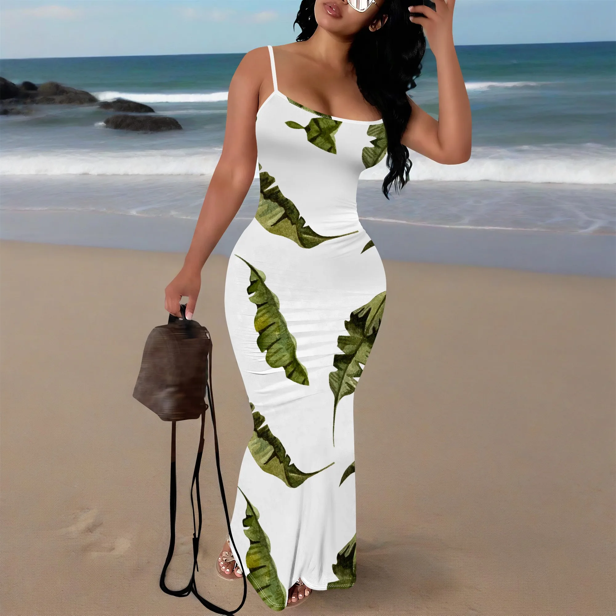 

Women's Summer Maxi Dress Tropical Leaf Print Bodycon Sling Long Beach Sundress XS-3XL